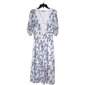 White & Blue Floral Summery Maxi Dress Puff Sleeves V-Neck JGee Lg